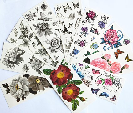 10pcs/package hot selling temporary tattoo stickers various designs including black peony/black flowers and butterflies/black roses/colorful flowers and butterflies/roses/peony/etc.