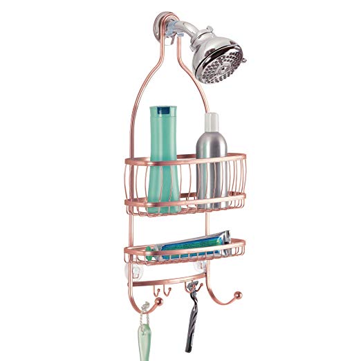 InterDesign York Metal Wire Hanging Shower Caddy, Extra Wide Space for Shampoo, Conditioner, and Soap with Hooks for Razors, Towels, and More 10" x 4" x 22" Rose Gold