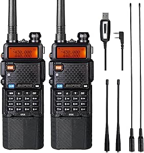 BAOFENG 5RX 5W 3800mAh Ham Radio Long Range Baofeng UV-5R Upgraded Two Way Radio 144-148Mhz,430-450Mhz Walkie Talkies,Aviation Band Receiving with High Gain Antenna and one Programming Cable(2PACK)