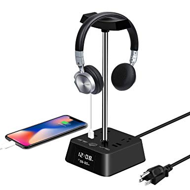 5-in-1 Headphone Stand with Desk Power Outlet Nightlight Aluminum Supporting Bar 4 USB Ports Alarm Clock