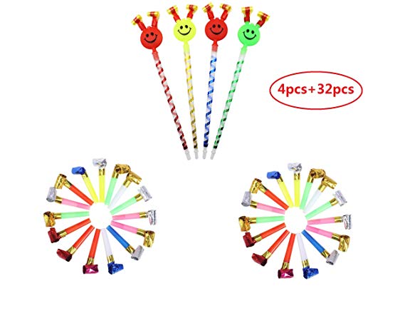 36 pcs Musical Blow Outs，Birthday Party Favors, New Years Party Noisemakers Party Blowouts Whistles,Fun Party Favors, Goody Bag Stuffers, Assorted Colors