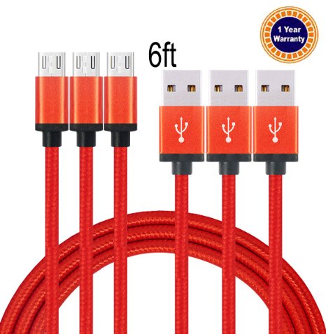 Jricoo 3pack 6ft Micro USB to USB Cable 2.0 6ft Nylon Braided Extremely Long USB Charging Cable for Android, Samsung Galaxy, HTC, Nokia, Huawei, Sony and Other Tablet Smartphone (Red)