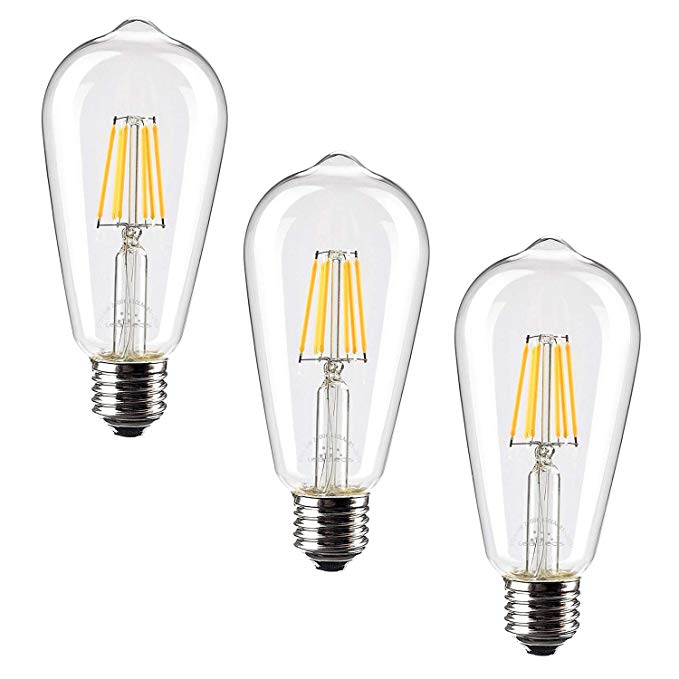 Leadleds 6W Vintage LED Filament Bulb 60 Watt Equivalent, 2700k Warm White 610 LM, ST21(ST64) Edison Style E27 Medium Base Bulb Non Dimmable, 3 pack