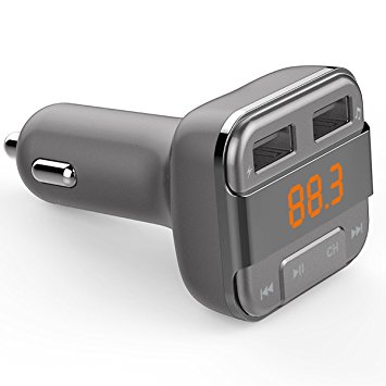 PERBEAT Bluetooth Car FM Transmitter with 2 USB Charging 3.4A Output Ports, Supports USB Drive Micro SD Card with Music Remote Control(Gray)