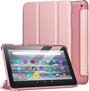 MoKo Case Fits Amazon All-New Kindle Fire 7 Tablet (2022 Release-12th Gen) Latest Model 7", PU Leather Trifold Stand Cover with Translucent Frosted Backshell with Auto Wake/Sleep, Rose Gold