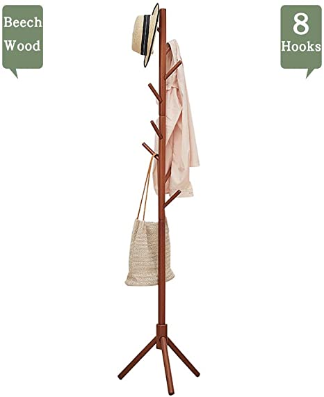 Wooden Coat Rack Stand, 8 Hooks Hat Sweater Jacket Hanging Stand Easy Assembly Wood Rack Tree for Home Office Entryway Bedroom, Walnut-Brown