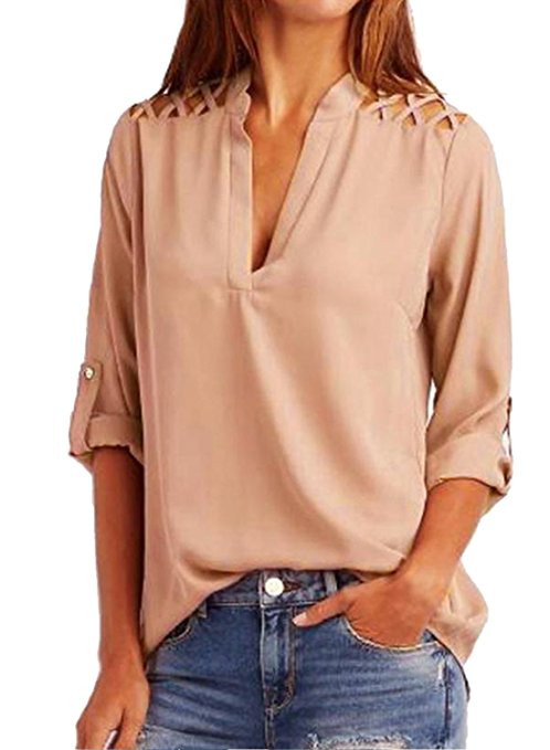 Dokotoo Womens Chiffon Blouses 3 4 Cuffed Sleeve V Neck Hollow Out Cold Shoulder Casual Tops