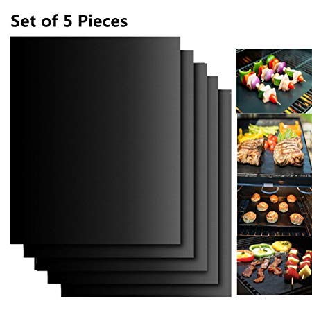 Extsud Set of 5 Non Stick BBQ Grill Mat Reusable BBQ and Baking Mesh FDA-Certificated for Indoor Outdoor BBQ Works on Gas Charcoal Electric Grill Sheets