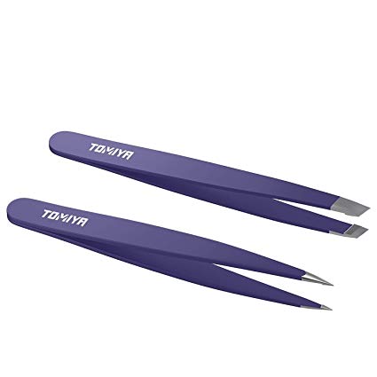 Tweezers-Stainless Steel Professional/Precision Tweezers 2-Piece Slant and Pointed tips for Expert Eyebrow Shaping and Facial Hair Removal (purple)