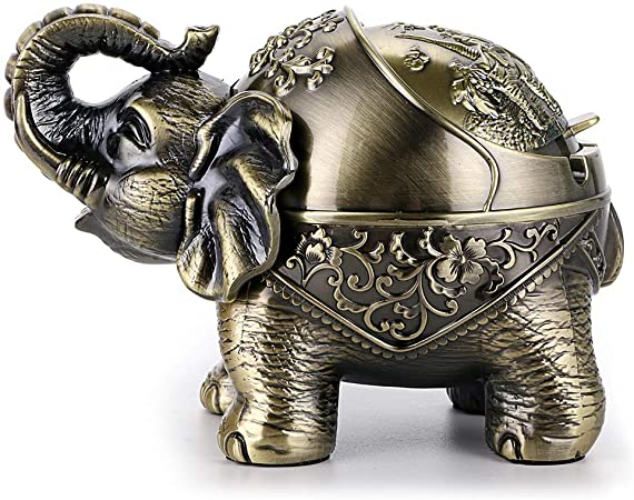 Hipiwe Elephant Windproof Ashtray with Lid, Desktop Metal Cigarette Ashtray Holder for Indoor or Outdoor Use, Unique Tobacco Ash Tray for Patio/Outside/Office/Home Decor