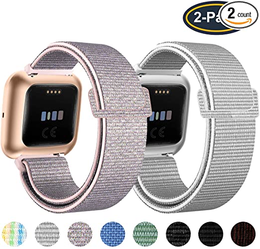 HAPAW Nylon Bands Compatible with Fitbit Versa 2 / Versa/Versa Lite, 2-Pack Adjustable Breathable Sport Replacement Strap Women Man Soft Accessories Wristband for Versa Smartwatch