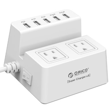 ORICO Family-size Office Desktop 40W 8A 5-Port USB Charger 250V 1700 Joule 2-Outlet Power Strip Surge Protector Charging Dock Station with 5 Feet Cord for Smartphone Tablet Laptop and More