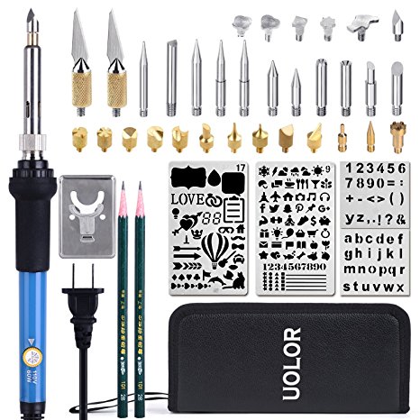 44 PCS Wood Burning Kit, Creative Woodburner Set with Adjustable Temperature Soldering Pyrography Woodburning Pen   Embossing/Carving/Soldering Tips   4 Stencil   2 Pencils  Stand   Carrying Case