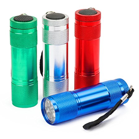 FASTPRO F00546 4-pack Mini Aluminum LED Flashlight Set, 6-LED for brightness, with Lanyard for hang up, 12-piece Batteries Included, with Assorted Colors