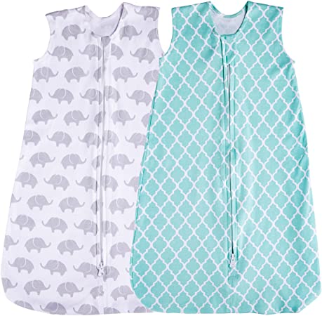Baby Sleeping Sack, 2 Pack Wearable Blanket, Summer (Mint/Elephant) (0-3 Months)