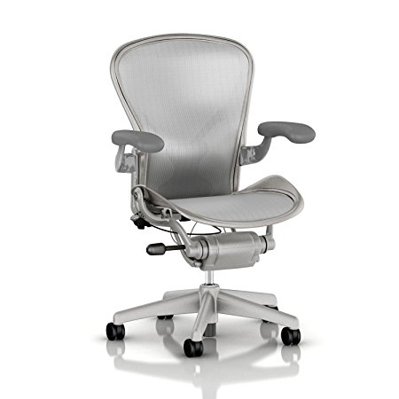 Herman Miller Aeron Task Chair: Highly Adjustable w/PostureFit Lumbar Support - Fully Adjustable Vinyl Arms - Tilt Limiter - Size B - Standard Carpet Casters - Titanium Frame/Zinc Classic Pellicle