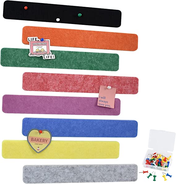 Vuzvuv 8 Pcs Colour Felt Pin Board Bar Strips with 35 Pushpins, Self-Adhesive Lightweight Bulletin Board Bar Strips No Damage for Wall,for Paste Notes, Photos, Schedules, Announcements.