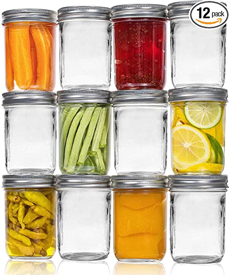 Vtopmart Regular Mouth Glass Mason Jars 8 oz, 12 Pack Glass Canning Jars with Metal Airtight Lids and Bands, for Meal Prep, Food Storage, Canning, Preserving, Drinking, Overnight Oats, DIY Projects