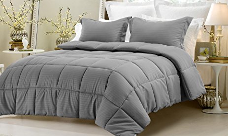 3pc Reversible Solid/ Emboss Striped Comforter Set- Oversized and Overfilled - 2 bedding looks in 1 - King-Gray