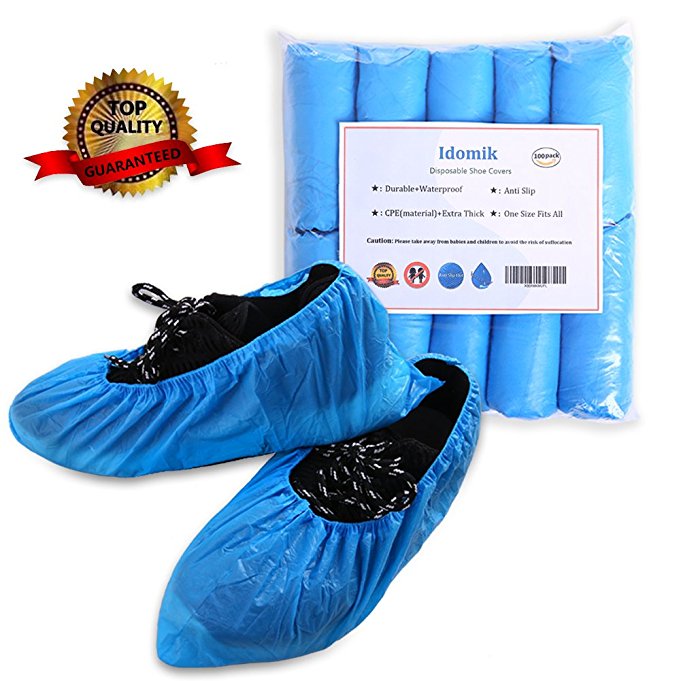 Disposable Boot Shoe Covers, Waterproof Slip Resistant Shoe Booties, Durable Eco-friendly CPE Shoe Protector, Thick Shoe Cover by IDOMIK for Medical Museum Workplace Indoor Carpet Floor Usage 100 Pack