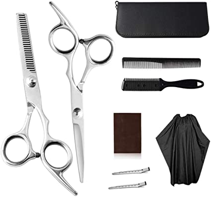 VASLON Haircutting Scissors Hairdresser Scissors Set Cutting Professional Stainless Steel Reinforced Barber Salon Kits Shears Thinning Texturizing with Comb, Clips, Barber Cape Cloth for Salon and Home (9 pcs)