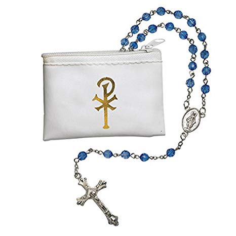 Elysian Gift Shop Catholic 6mm Beads Sapphire Blue Rosary with White Vinyl Rosary Case with Gold Accent