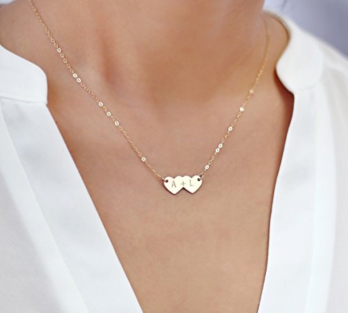 14K Gold fill or Rose Gold fill or 925 Sterling Silver Double Heart Necklace, Personalized Initial Heart Jewelry, Valentine's Gift