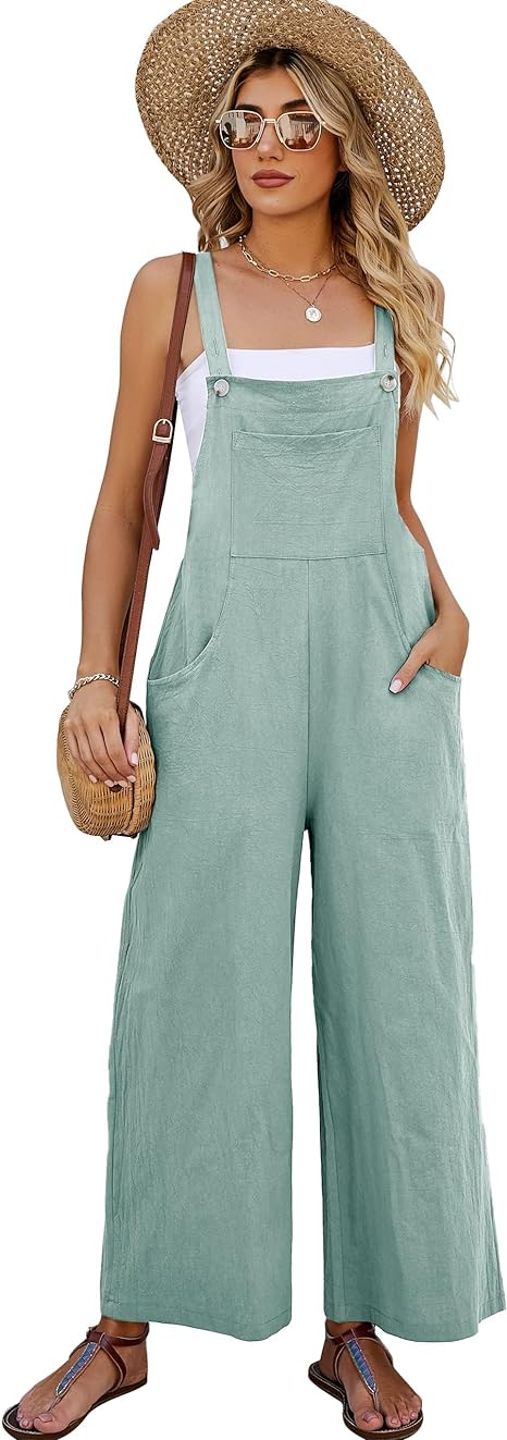 Women's Cotton Bib Overalls Wide Leg Loose Fit Jumpsuit Baggy Fashion Sleeveless Rompers