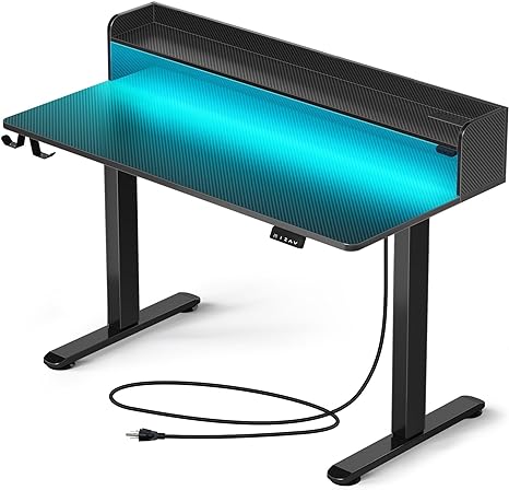 Rolanstar Standing Desk with LED Lights & Charging Station, 47" Height Adjustable Desk with Monitor Stand, Electric Gaming Desk with 2 Hooks, Sit Stand Home Office Desk, Carbon Fiber Surface Black