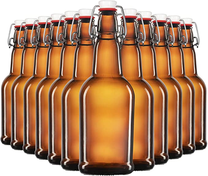 Amber Glass Swing Top Beer Bottles - 16 Ounce (12 Pack) Grolsch Bottles, with Flip-top Airtight Lid, for Carbonated Drinks, Kombucha, 2nd Fermentation, Water Kefir, UV Protection Brewing Bottle.