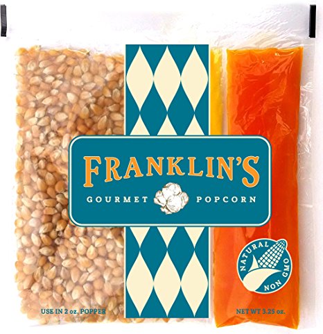 Franklin's Gourmet Movie Theater Popcorn. Organic Popping Corn, 100% Coconut Oil, & Seasoning Salt. Pre-Measured Portion Packs (Pack of 10).