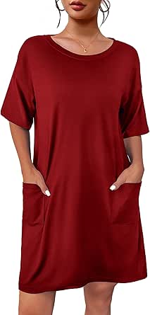 Ekouaer Sleep Shirts for Women Nightgown Short Sleeves T shirt Night Dress Round Neck Womans Nightgown with Pocket S-XXL