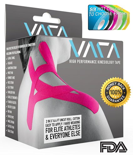 VARA Kinesiology Tape ★ w/FREE e-TAPING GUIDE [Rock Solid, Waterproof & Flexible Athletic Tape - Gold Standard, Lightweight, Breathable & Super Sticky Pro Therapeutic Taping - Hypoallergenic & Latex Free - Uncut 2 Inch x 16 Foot Roll - Athletes, Crossfit, Sports - Application for Shoulder, Knee, Back, Shin Splints, Hip, Ankle, Wrist, Neck, Hamstring, Elbow, Calf, Sprains & Many More] Get 'VARA'FIED PERFORMANCE - Support & Pain Relief! NO RISK - Better Than 100% Money Back Guarantee!
