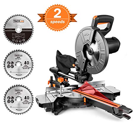 Miter Saw, TACKLIFE 15 Amp 10-Inch Sliding Compound Miter Saw with 3 Blades, Double Speed (4500 RPM & 3200 RPM), Bevel Cut (0°-45°) with Laser, Extension Table, Chip Bag, Iron Blade Guard - EMS01A