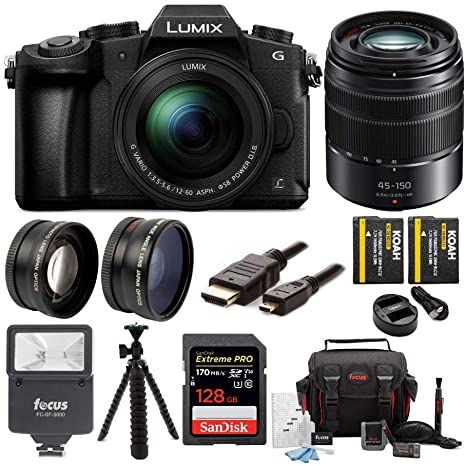 Panasonic LUMIX G85 4K Mirrorless Camera with G Vario 12-60mm and 45-150mm Lens, 128GB SD Card, Camera Bag, Battery and Dual Charger, 58mm Lens Set, Digital Flash, Tripod and Cable Bundle (9 Items)