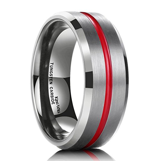 King Will LOOP 7mm Thin Red Groove Brushed Tungsten Carbide Wedding Ring Band Comfort Fit