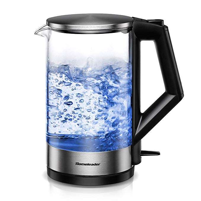 Homeleader Electric Kettle SpeedBoil BPA-Free Glass Tea Kettle, Fast Boiling Glass Tea Kettle (1.5L), Stainless Steel Finish Hot Water Kettle with Blue Led, Auto Shut-Off and Boil-Dry Protection, FDA