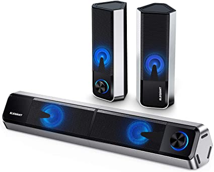 ELEGIANT Computer Speakers, 10W 2 in 1 USB 2.0 & Bluetooth 5.0 PC Speakers with Stereo Sound Colorful LED Light Detachable Gaming Speakers Mini Soundbar 3.5mm for PC Cellphone Tablets Desktop Laptop