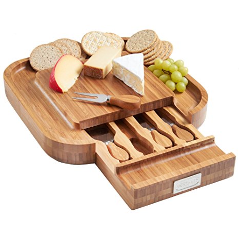 VonShef Square Slide Out Bamboo Cheese Board and 4 Piece Knife Set