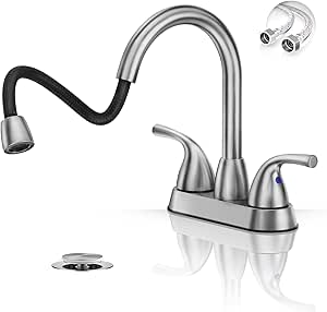 Phiestina Pull Down Sprayer Brushed Nickel Bathroom Faucet, 4 Inch 2-3 Hole Centerset Pull Out Stainless Steel Bathroom Sink Faucet，with 360 Swivel Spout, Metal Pop-Up Drain, BF04007-B11-GBN