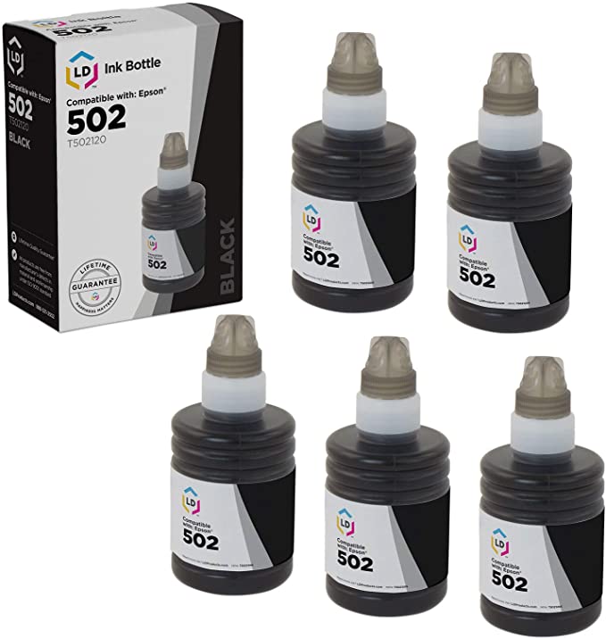 LD Compatible Ink Bottle Replacement for Epson 502 T502120-S (Black, 5-Pack)