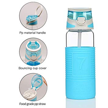 COMI Borosilicate Glass Water Bottle with Straw Silicone Sleeve Bamboo Lid BPA Free for Kid 400ml/14oz