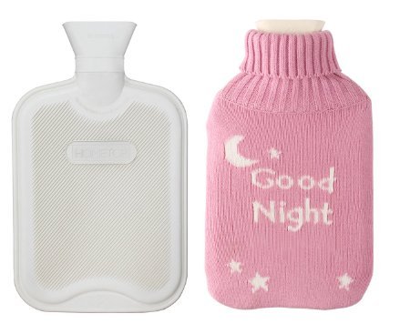 2 Liter Premium Classic Rubber Hot Water Bottle w/ Cute Knit Cover (2 Liter, Beige / Pink Good Night)