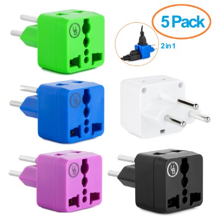 Yubi Power 2 in 1 Universal Travel Adapter with 2 Universal Outlets - Built in Surge Protector - 5 Pack - Green White Blue Purple Black - Type H for Gaza Strip, Israel & Palestine