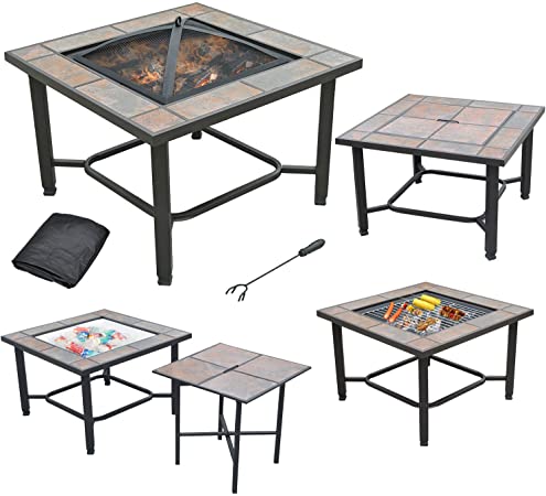AXXONN 5 in 1, 30" Square Tile Top Fire Pit, Grill, Cooler, Coffee Table and Side Table with Cover