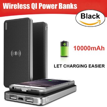 Qi Wireless Power Bank 10000mAh Portable Wireless Charger Power Bank 2 in 1 Fast Charging External Battery Pack ToullGo for Qi Devices iPhone 66s Plus Samsung Galaxy S5S6S7 Edge Note5 Black
