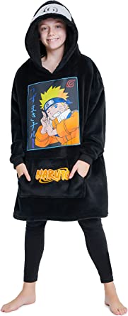 Naruto Oversized Hoodie Blanket for Kids, Anime Hoodie for Boys (Black)