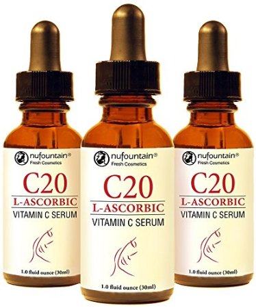 C20 3-Pack from NuFountain Three 1 Fluid Ounce Bottles of 20 Vitamin C Serum for a Youthful Glowing Complextion Made Fresh
