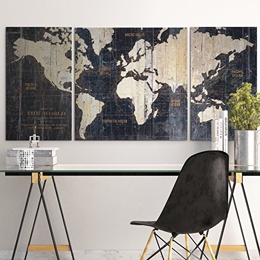 MasterPieces Old World Map Blue by Avery Tillmon Graphic Art on Wrapped Canvas Set, 3 Piece