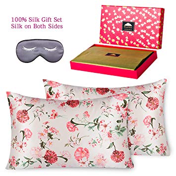 BlueHills 3 Piece Luxury Silk Gift Set 100% Pure Mulberry Natural Soft Silk Pillowcase 2 Pack for Hair and Skin Hidden Zipper & Pure Silk Eye Mask in Gift Box Red Flowers Pattern, Queen Size, QD006